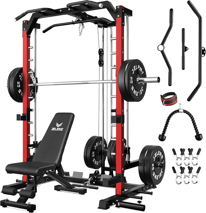 SR01 Smith Machine, 2000LBS Multi-Function Power Cage with LAT Pulldown System, All-in-One Home Gym Squat Rack with Smith Bar and Training Attachments for Full Body Workouts