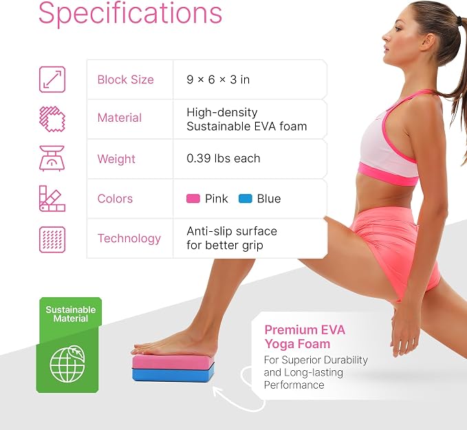 Yoga Blocks 2 Pack with Strap and Guide – Soft Non-Slip EVA Foam Blocks | High-Density Pilates Blocks for Home Workouts, Dance, Ballet, Gymnastics & Stretching Exercise, Dance Accessories and Gifts