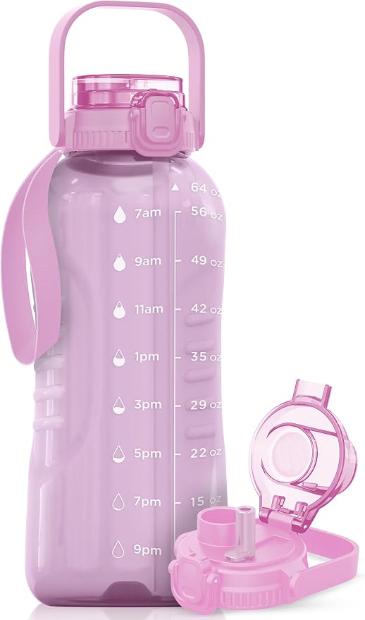 AQUAFIT 64 oz Water Bottle with Handle, 2in1 Lid | BPA Free Half Gallon Water Bottle with 2in1 Straw and Chug Lid - Leakproof Gym Water Bottle with Time Marker (Purple Haze)