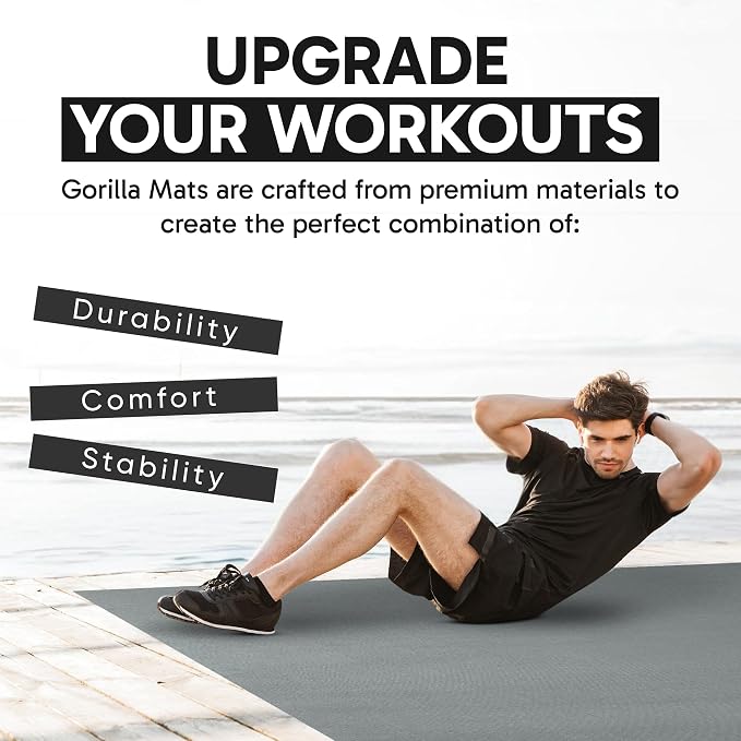 Gorilla Mats Large Exercise Mat – 6'x4', 7'x4', 7'x5', 8'x4', 10'x4' (1/4" Thick) – Ultra Durable Workout Mat for Home Gym Flooring – Non-Slip, Flat Fitness, Yoga & Weight Lifting Floor Mat