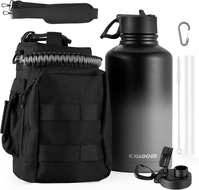KXIAOCHEN Insulated Water Bottle with Strap, 48-Hour Cold, 2 Lids | Triple-wall insulation, lead-free 18/8 Stainless steel, paracord handle, carabiner clip, for gym, hiking, camping and travel