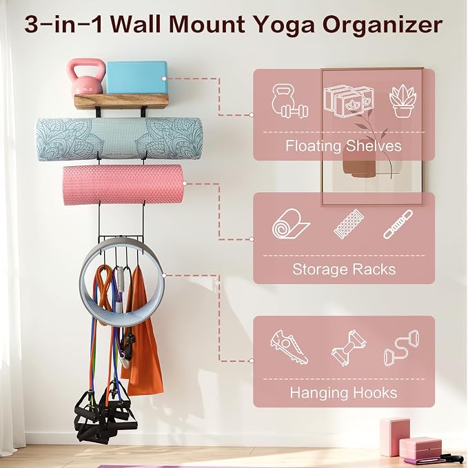 VINAEMO Yoga Mat Holder Accessories Wall Mount Organizer Storage Decor Foam Roller and Towel Storage Rack with 4 Hooks and Wooden Shelves Yoga Mats Rack Resistance Bands for Home Gym School Office