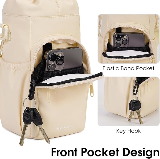 sportsnew 40oz Insulated Crossbody Water Bottle Bag Gym Hiking Phone Pocket | Water-resistant Lining, Padded Strap, Top Handle, Drawstring, Phone Pocket, Elastic Slots, Built-In Key Clip for Gym Walking