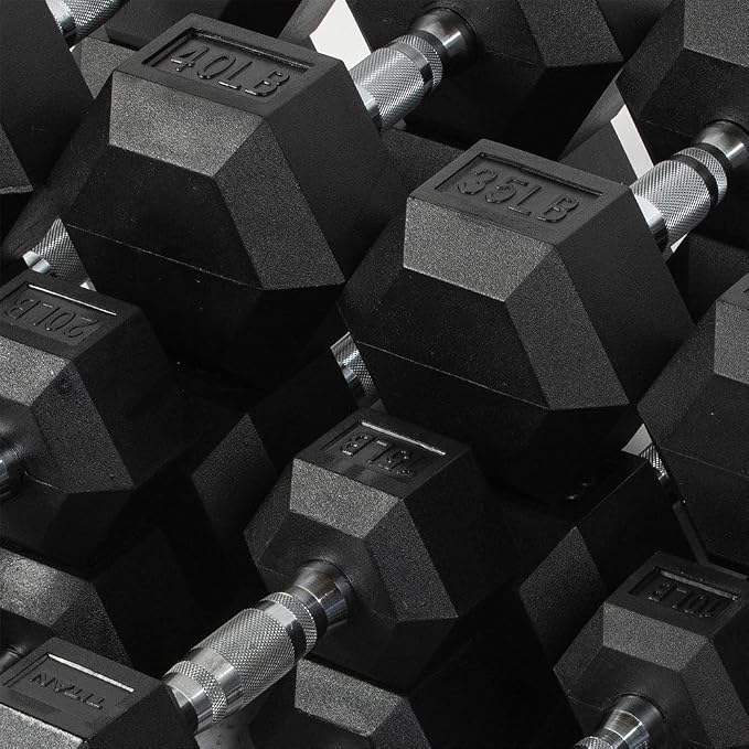 Titan Fitness Rubber Hex Dumbbells, 5 LB-50 LB Set of Pairs, Roll-Resistant Hexagonal Free Weights, Hex Dumbbell Set with Chrome-Coated Handles, Free Weight Set, Strength Training Equipment
