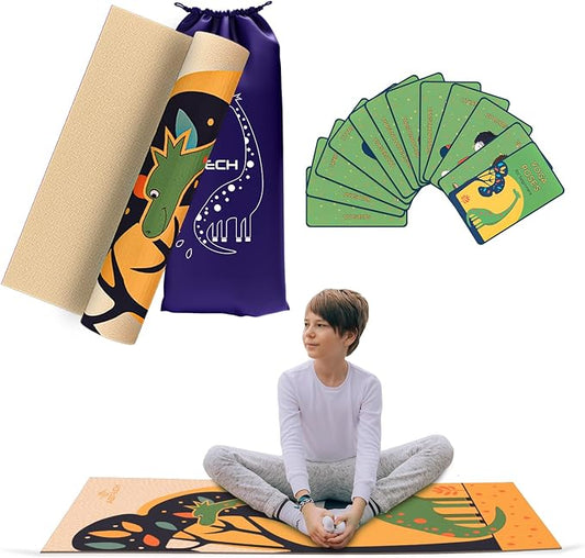 Kids Yoga Mat Set - Comfortable Dinosaur Kid Yoga Mat Boy with 12 Yoga Cards, Storage Bag, Beige Play Mat Thick for Gymnastics Mat, Exercise Mat, No-Toxic and Non-Slip for Ages 3-12