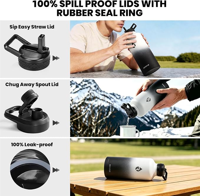 RAYMYLO Insulated Water Bottle 87 oz, Triple Wall Vacuum Stainless Steel | Cold for 48 Hrs), Leak Proof & Non-BPA, Modern Water Flask Jug with Paracord Handle & Straw Spout Lids, Ombre: White/Black