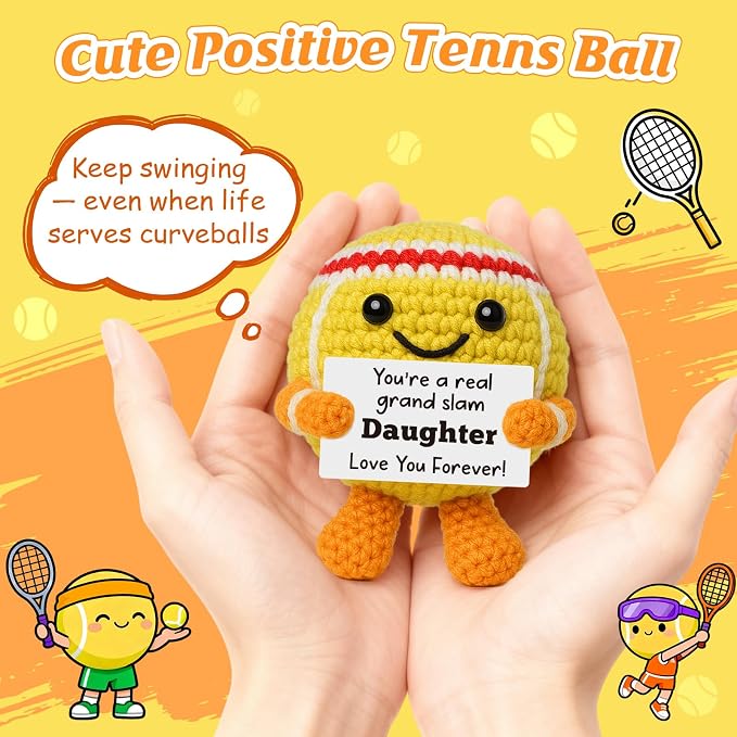 Mini Positive Crochet Tennis Ball Gifts for Women Men - Handmade Crochet Tennis Ball, Motivational Encouragement Christmas White Elephant Gift for Tennis Balls Lover Coworker Friend Coach