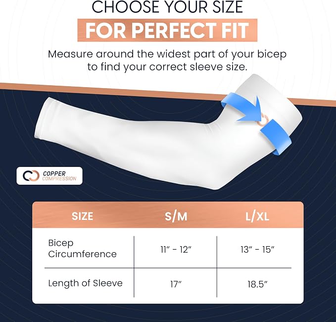 Copper Compression Full Arm Sun Sleeves for Men and Women UPF 50+ UV Protection