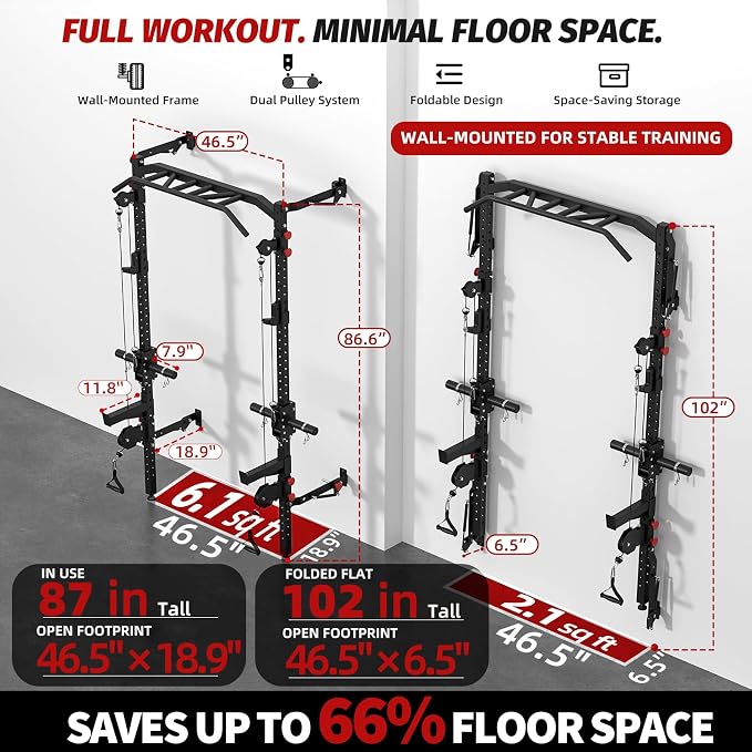 Wall Mounted Power Rack with Cable Crossover, Foldable Squat Rack | Dual Pulley System With Pull Up Bar, J-Hooks, 800 LB Capacity, Space-Saving Design for Full-Body Home Gym Strength Training