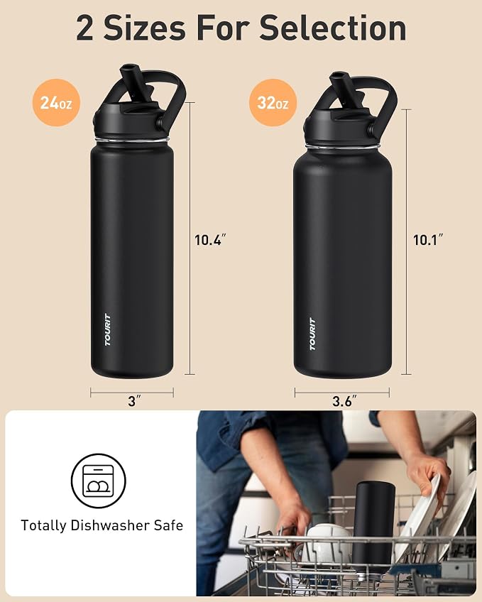 TOURIT 24 oz Insulated Water Bottle, Stainless Steel Water Bottles With Straw, Double Wall Vacuum Insulation for Cold and Hot Drinks, Leak Proof BPA Free Water Flask for Sports and Travel, Black