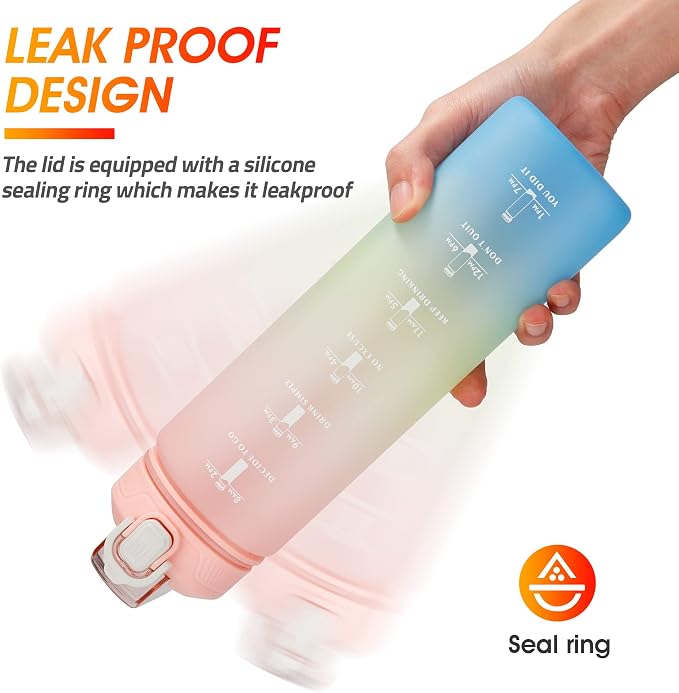 YC Kitchen Motivational Water Bottle with Time Marker- 32oz Water Bottles with Times to Drink, Leakproof & BPA Free Sports Water Bottle with Straw & Carry Strap for Fitness, Gym, and Outdoor Sports