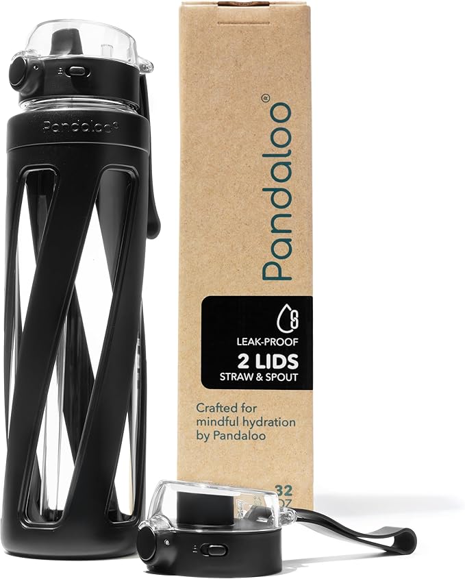 Pandaloo® Orbit 32 oz Glass Water Bottle with 2 Leak-Proof Lids (Straw & Spout), Wide Mouth, Borosilicate Glass, BPA-Free, Cup Holder Friendly for Gym, Work, Travel & Daily Hydration-Black