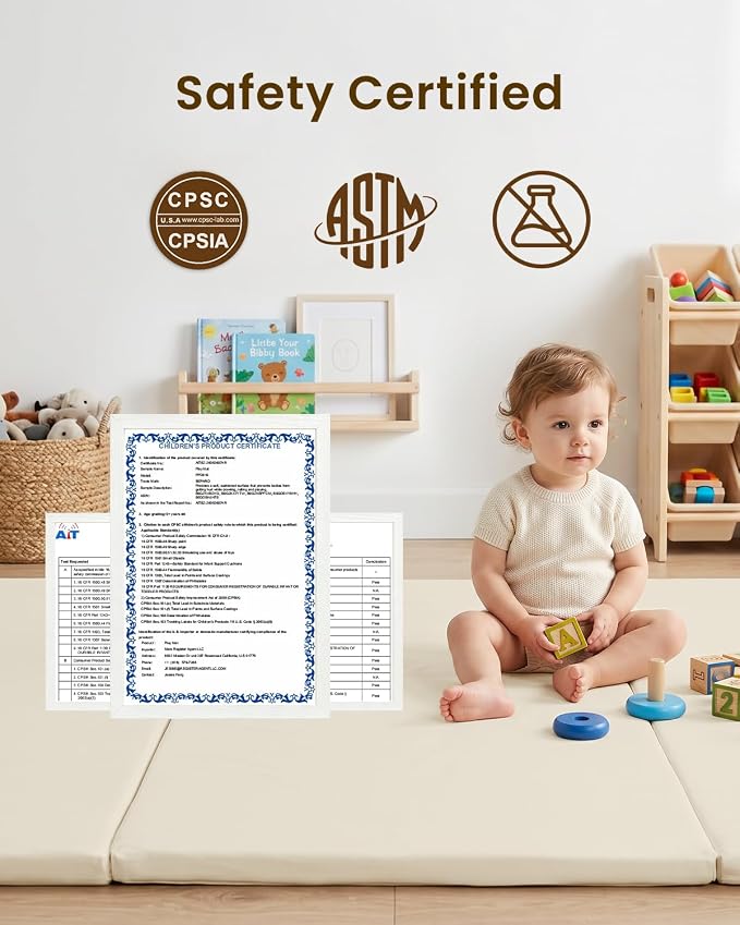 SEPARO Foldable Baby Play Mat,Vegan Leather 71x59 Baby Mat for Floor,Beige | Trifold Waterproof Playmat for Babies,Soft Foam Tumbling Mat,Wipe-Clean&Non-Slip Outdoor Mats,Playmate for Baby Tummy Time