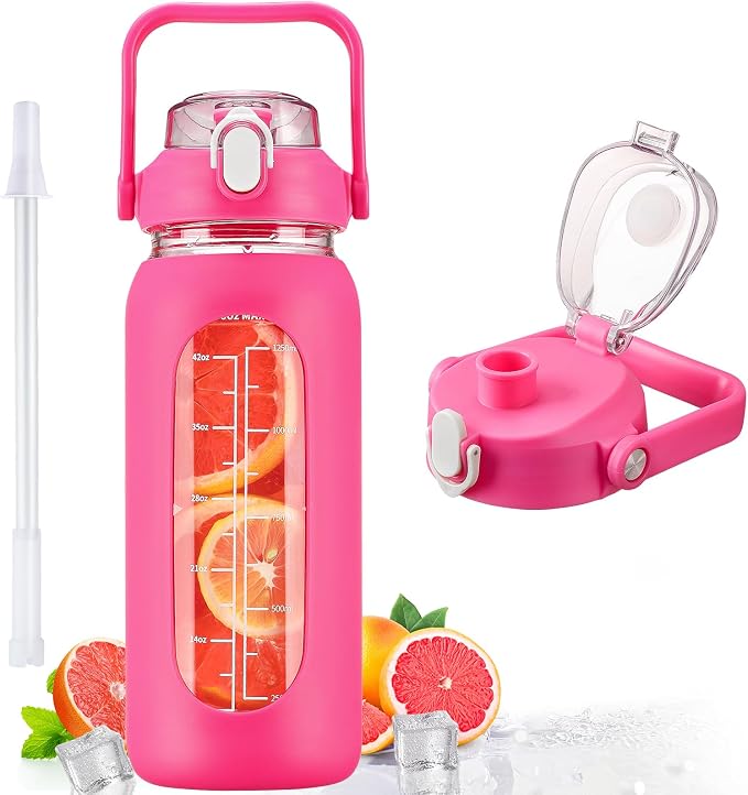 56oz Glass Water Bottles with Straw, Motivational Glass Bottle with Silicone Sleeve and Time Marker, Leakproof Large Glass Water Jug for Gym Home Office,Rose red