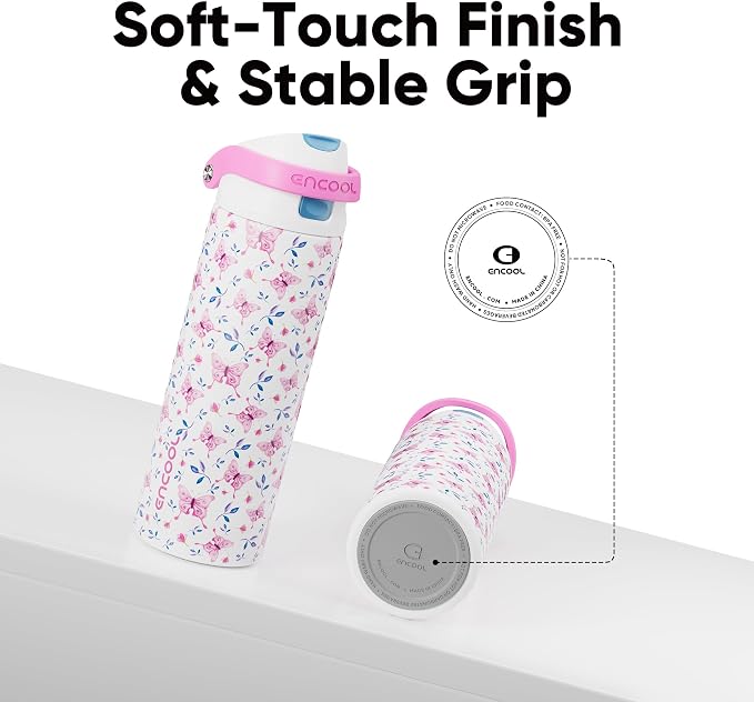 ENCOOL Leakproof Insulated Water Bottle with Straw Dual-Sip Water Bottle Bag-Safe Design for Work, Commute & Gym – Keeps Drinks Cold All Day, 24 oz, Blossom Butterfly