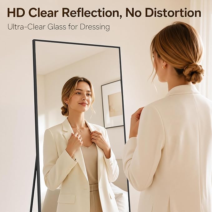 Antok Full Length Mirror, 58"x21" Floor Mirror with Stand, Hanging Mounted Mirrors for Bedroom, Living Room, Cloakroom, Dining Room, Black, Rect