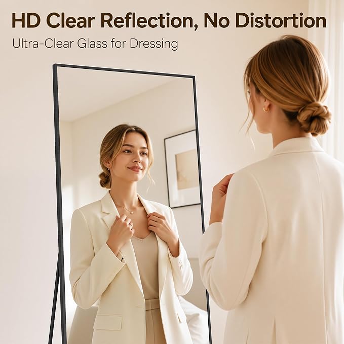Antok Full Length Mirror, 58"x19" Floor Mirror with Stand, Hanging Mounted Mirrors for Bedroom, Living Room, Cloakroom, Dining Room, Black, Rect