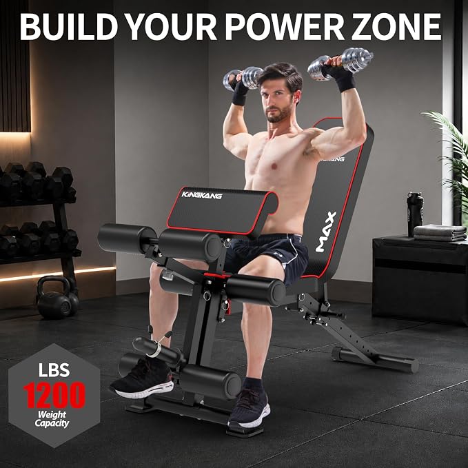 K KiNGKANG Foldable Weight Bench with Leg Curl, 1200 LBS Heavy Duty Workout Bench, 4-Level Adjustable Distance for All Heights, Multi-Position Incline Decline Exercise Bench with Dumbbell Rack for Home Gym