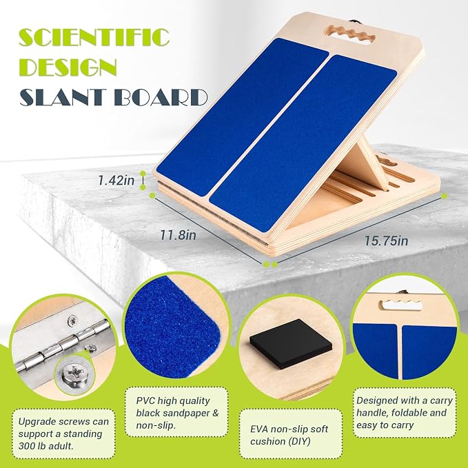 Slant Board Calf Stretching, 300 LBS Capacity Portable Wooden Incline Board | Training Poster, 5 Adjustable Angles, Non-Slip Calf Mobility Board for Legs, Ankles, Knees, Heels, Physical Therapy & Squats