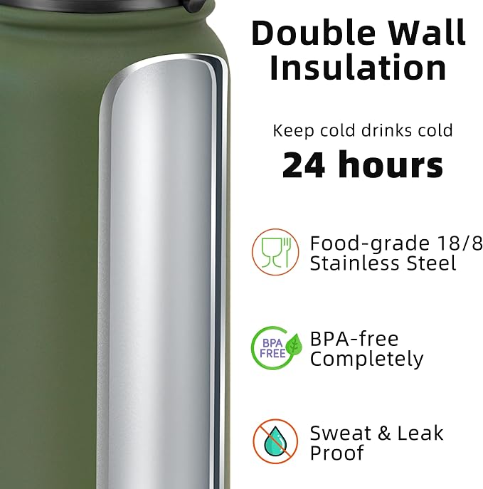 Fanhaw 20 oz Insulated Stainless Steel Water Bottle with Anti-Dust Chug Lid, Leakproof Vacuum Metal Everyday Use Bottle for Kids, Teens & Adults, Back to School Essentials (Olive Green)