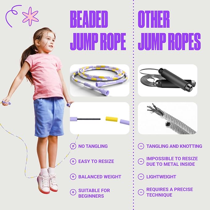 Sportbit Custom-Fit Beaded Jump Rope – Adjustable Length for Kids & Adults, Men & Women – Durable Fitness Rope for Gym & Home