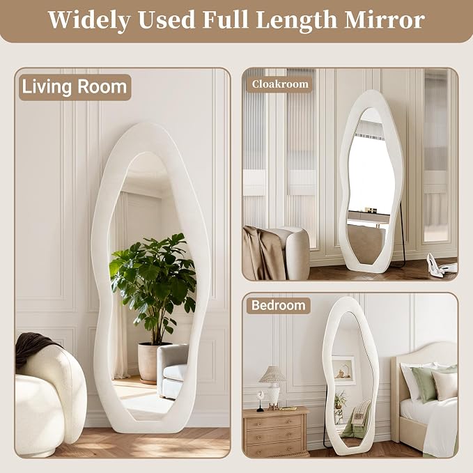 Full Length Mirror, 63"x24" Flannel Floor Mirrors with Stand | Irregular Wavy Mirror Full Body for Bedroom Living Room, Hanging or Leaning Wavy Wall Mirror, Tempered Glass, Beige