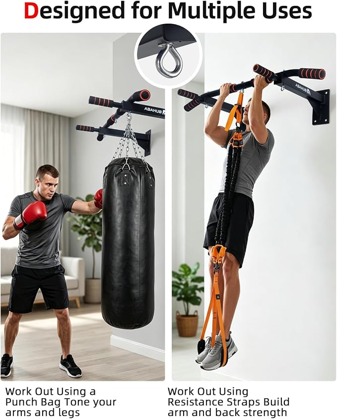 Abahub Wall Mounted Pull Up Bar,Multi-Grip Chin-Up Bar for Home Gym | Drill-installed, Heavy-Duty & Stable Training Bar with circular ring, Black-Red