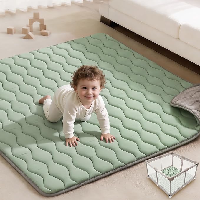 Blissful Diary Baby Play Mats for Floor, 59x59 Inch Thicker and Larger Soft Cushioning Foam Playmats for Babies and Toddlers, Foldable Washable Baby Playpen Mat, Sage Green