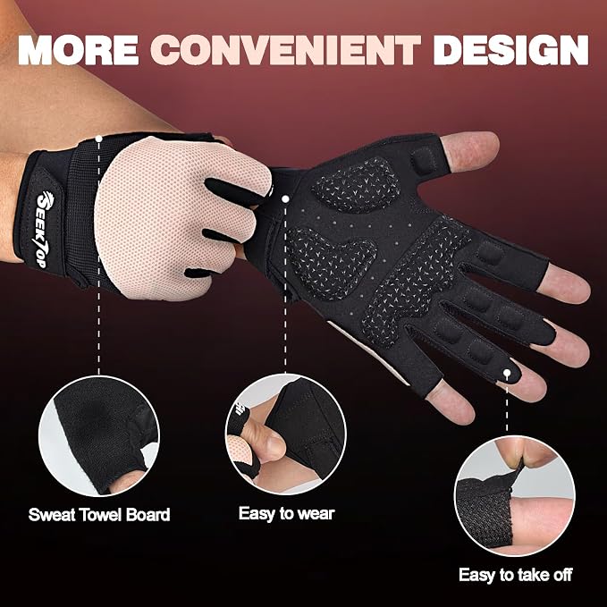 Seektop Breathable Workout Gloves Women & Men: Thick Padded Gym Gloves | Full Palm Protection, Excellent Grip for Gym Weight Lifting Fitness and Training, Exercise, Cycling
