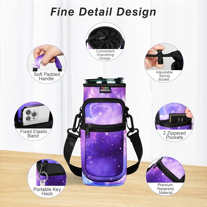 Nuovoware Magnetic Gym Bag, 25oz/32oz, Water Bottle Carrier, Starry Purple | Adjustable Shoulder Strap, 2 Pocket, Sports Sling Neoprene Sleeve, for Hiking Travelling Camping
