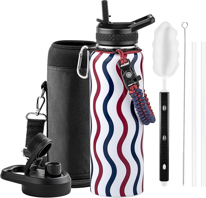 RAYMYLO Insulated Water Bottle 40 oz, Triple Wall Vacuum Stainless Steel | (Cold for 36Hrs, Hot for 18Hrs), Leak Proof & Non-BPA, Modern Water Flask Jug with Paracord Handle & Straw Spout Lids