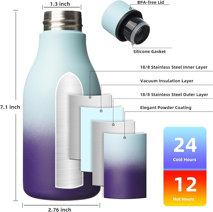 BJPKPK 12oz Insulated Water Bottle, Stainless Steel Bottle with Carry Strap | Keep Cold & Hot Vacuum Insulation, Leak-Proof BPA-Free Design, Slim Bottle Fits Most Cup Holders for Gym, Office & Travel