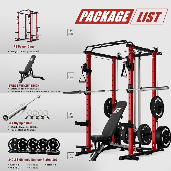 RitFit PPC-P3 Power Cage with Cable Crossover System, 1200LB Capacity | LAT Pulldown & Cable Crossover System with Bumper Plate Set, Olympic Barbell, Bench