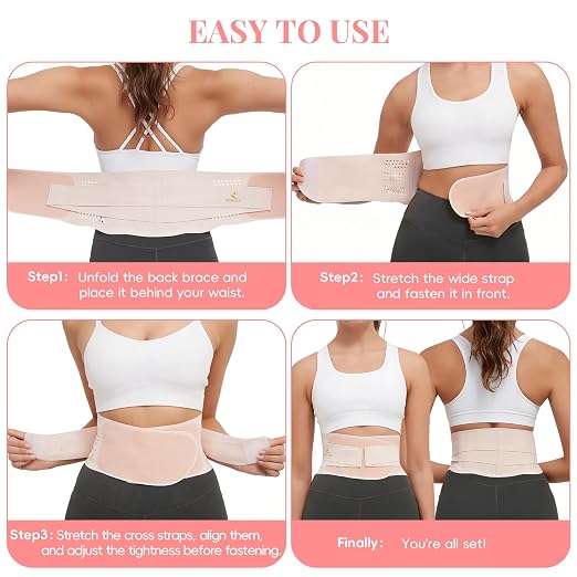 RANDY SUN Lower Back Brace for Women, Lightweight Compression Back Wrap Breathable Lumbar Support Brace Belt Waist Support Wrap Under Clothes, Pink, Large