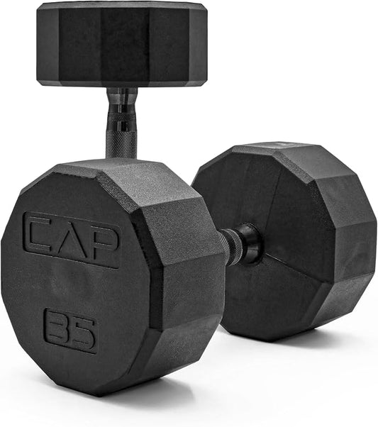 CAP Rubber Coated Dumbbell Weights, Free Weights for Home Gym Strength Training, Anti-Roll Hex Dumbbells with Black, Chrome & Comfort Grip Handles, Pairs & Sets