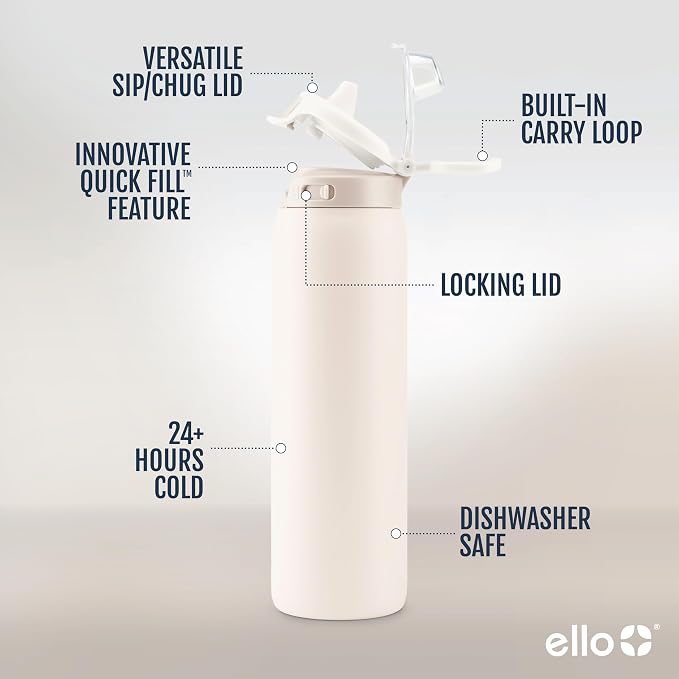 Ello Pop & Fill Insulated Stainless Steel Water Bottle with Quick Fill Lid, Leakproof Locking, Sip or Chug Spout, BPA-Free, Double Wall Vacuum Insulated for Sports, Travel & School- 22oz / 32oz / 40oz