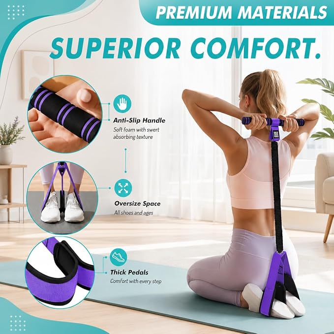 Upgraded Pedal Resistance Band with Comfort Grip Handle, Soft Padded Foot Straps & Thickened Latex Tubes | 55LBS Sit‑Up & Full Body Exercise for Abdomen, Waist, Arms, Core, Legs & Physical Therapy