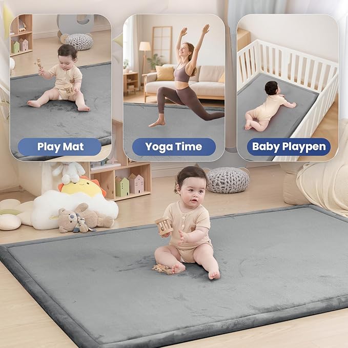 Baby Play Mat for Floor,1.3" Thick Memory foam Tummy Time Mat for Toddlers,Infants,kids,Water-Repellent Soft Nursery Rug ,79"×79" Extra Large Non Slip for Crawling&Yoga,Tatami Style for Living Room(Dark Grey)