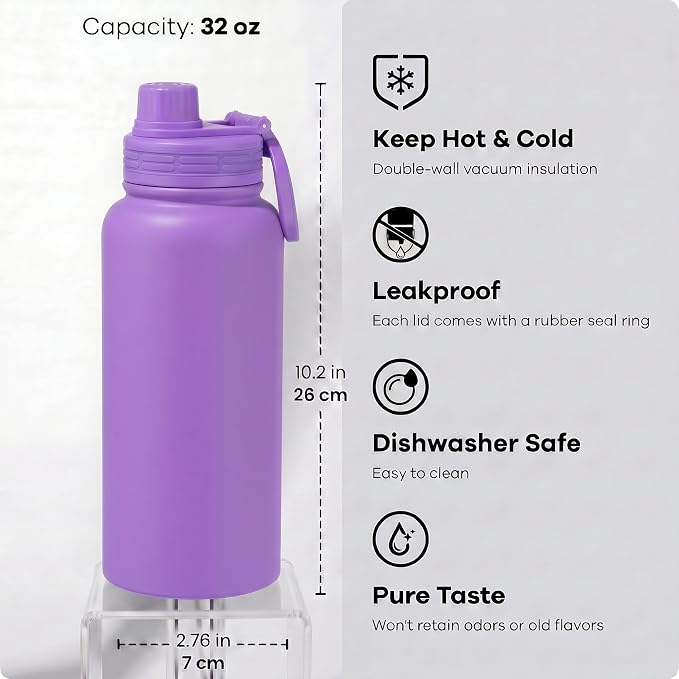 Purple Insulated 32 oz Metal Leakproof Water Bottle | Mens Stainless Steel Water Flask, Large Sports Travel Water Bottle for Gym,Hiking,1 liters Thermal Bottle with 2 Lids