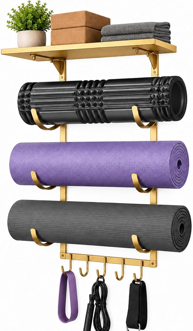 Wall Mount Yoga Mat Storage Rack, Heavy Duty Iron Organizer with 3-Tier J-Hooks, Wide Top Shelf and 5-Hook Bottom Rail for Yoga Mats, Foam Rollers, Blocks and Home Gym Accessories
