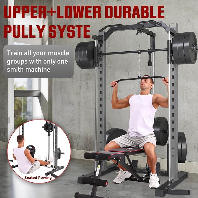 OPPSDECOR All-in-One Adjustable Smith Machine with LAT-Pull Down System | Multi-Function Power Cage for Home Gym Cable Crossover Squat Rack of Workout Machine Training Equipment with Attachments