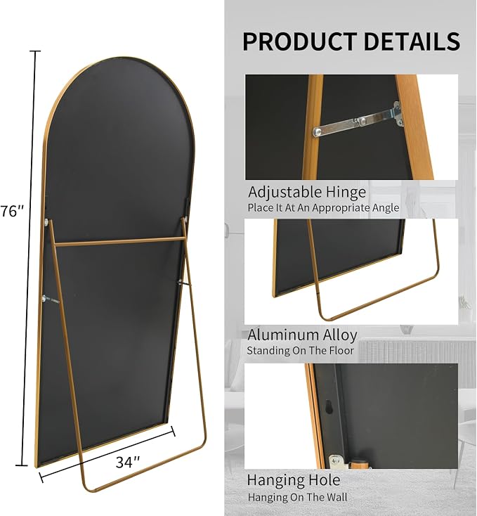 Beauty4U 76" x 34" Arched Full Length Mirror with Stand, Gold Floor Mirror | Large Standing, Leaning, or Wall-Mounted Tempered Full Body Mirror with Metal Frame for Bedroom, Closet, Modern Home Decor