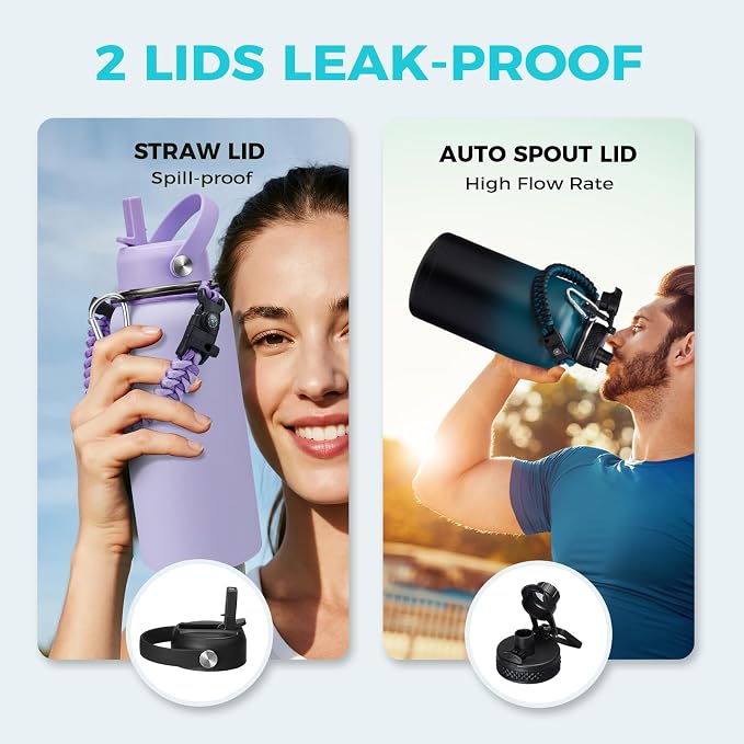 64OZ Stainless Steel Water Bottles - Half Gallon Water Bottle with Straw Lids, Reusable Vacuum Insulated Water Jug w/Carrier Bag, Leak Proof Metal Waterbottle for Sports Gym Workout Travel Hiking