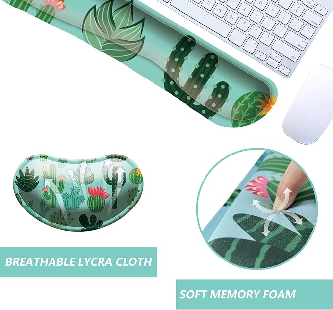 Keyboard Wrist Rest Mouse Wrist Support Set, Memory Foam Wrist Rest Pad for Computer Laptop Keyboard Mouse, Ergonomic Wrist Cushion Support for Typing Pain Relief, Gaming Home Office, Cactus