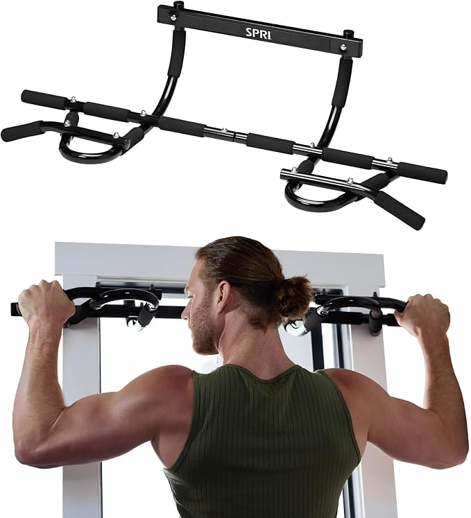 SPRI Pull Up Bar - 8-Grip and 12-Grip Door Frame Mounting Pull-Up Bar for Versatile Workouts - Rugged Steel Frame with Foam Handles - Supports 300 Pounds - Fits Door Frames Up to 32 in. Wide – Black