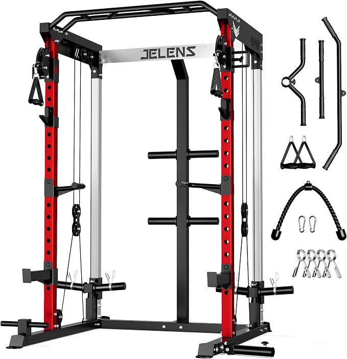JELENS C21 Power Cage, 2000LBS Multi-Function Power Rack with Independent Dual Pulley System, All-in-One Squat Rack for Cable Crossover, Home Gym Workout Machine