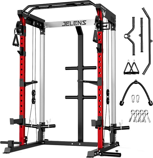 JELENS C21 Power Cage, 2000LBS Multi-Function Power Rack with Independent Dual Pulley System, All-in-One Squat Rack for Cable Crossover, Home Gym Workout Machine