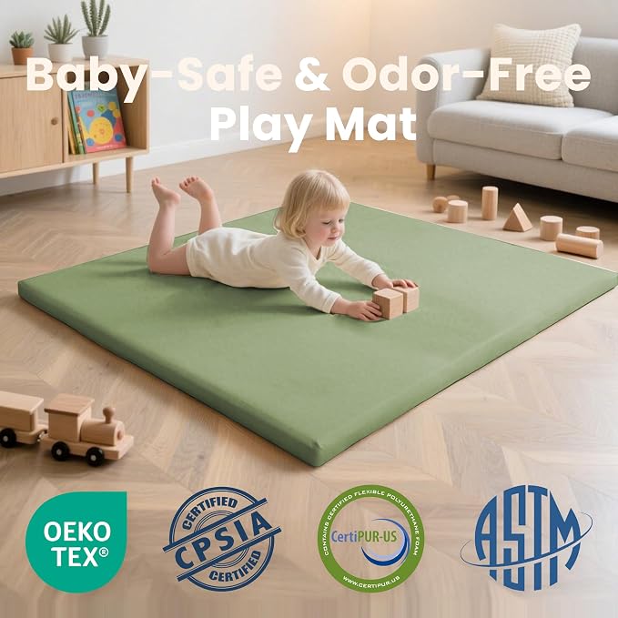 Huloo Sleep Baby Play Mat 50x50 Inches, 1.3" Thick Padded Waterproof Floor Cushion & Playpen Mat with Vegan Leather, Non-Slip & Non-Toxic Nursery Rug for Infants, Toddlers & Kids(Green)