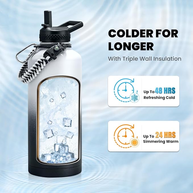 RAYMYLO Insulated Water Bottle 87 oz, Triple Wall Vacuum Stainless Steel | Cold for 48 Hrs), Leak Proof & Non-BPA, Modern Water Flask Jug with Paracord Handle & Straw Spout Lids, Ombre: White/Black
