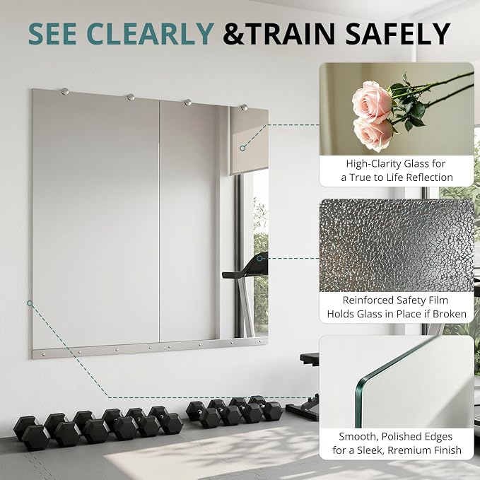 Rovibek 2 Pack Home Gym Mirror, 24x48In Large Workout Mirror for Exercise | Frameless Tempered Glass, Wall-Mounted Gym Mirrors for Home Gym, Garage Gyms, Yoga Rooms and Dance Studios